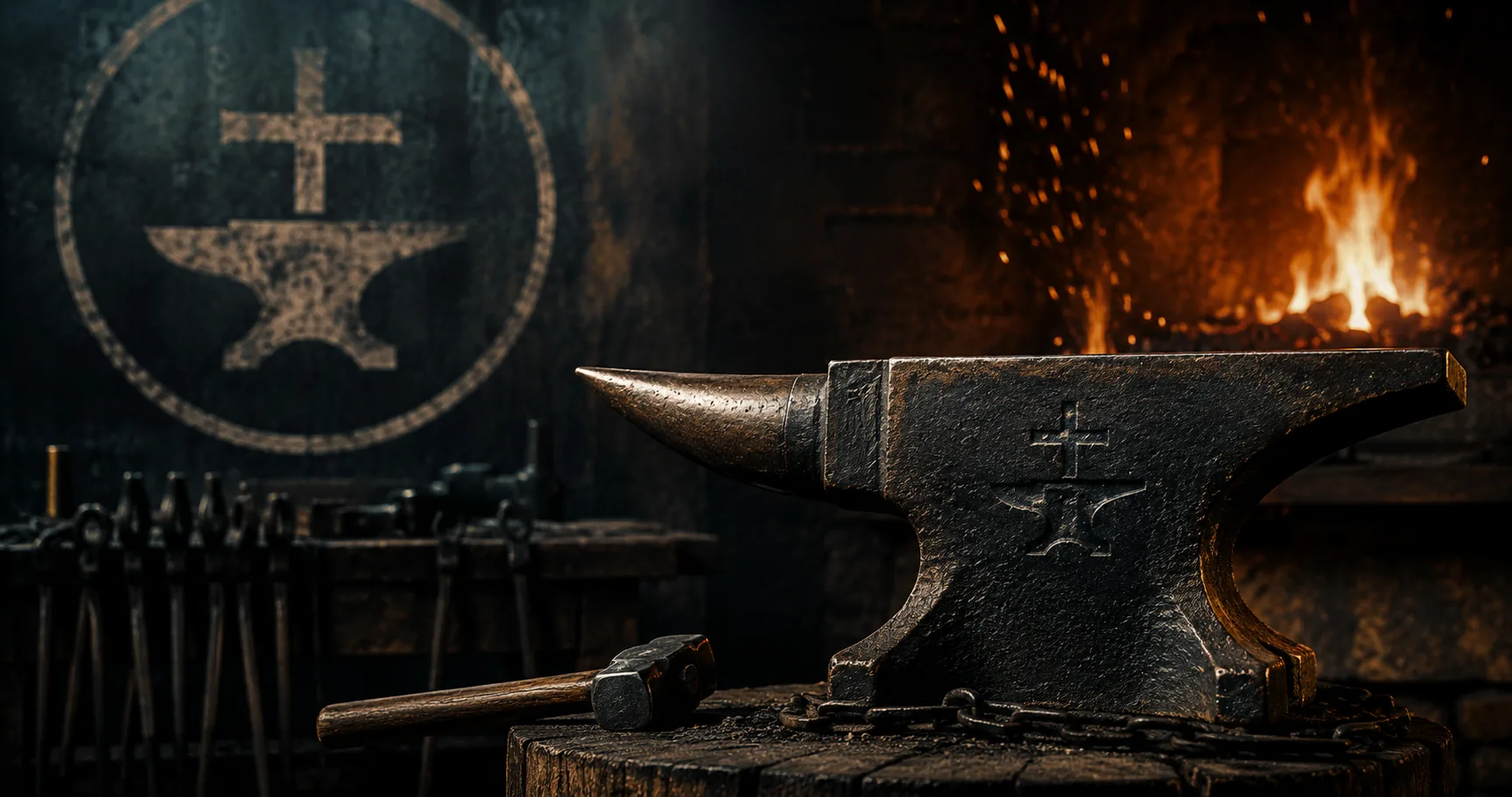 A dark forge with an anvil, fire, and glowing sparks
